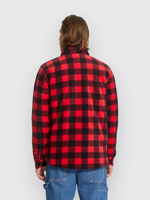 Volcom fleece shirt, red and black checked, long sleeve, back view, surf clothing