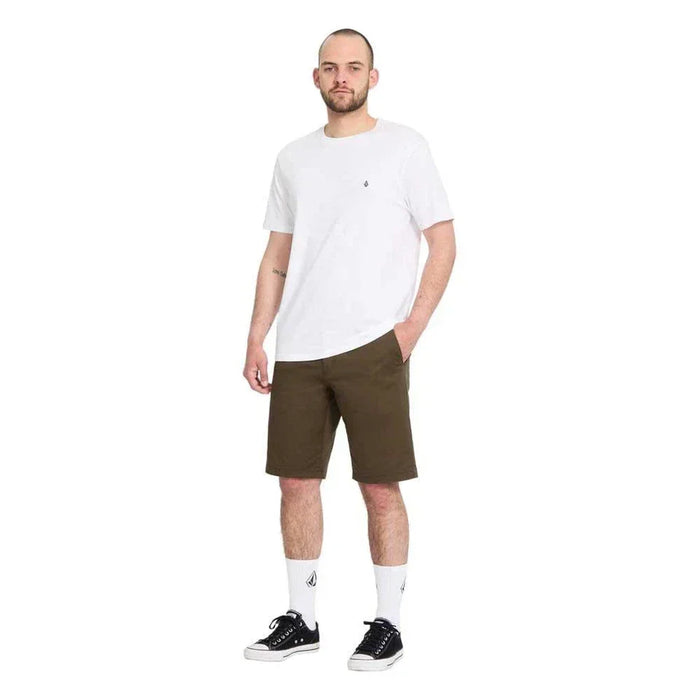 Volcom Solver shorts in sage green, mens casual knee-length shorts, worn by model