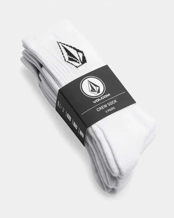 Volcom white crew socks 3 pack with black logo, surf clothing accessory
