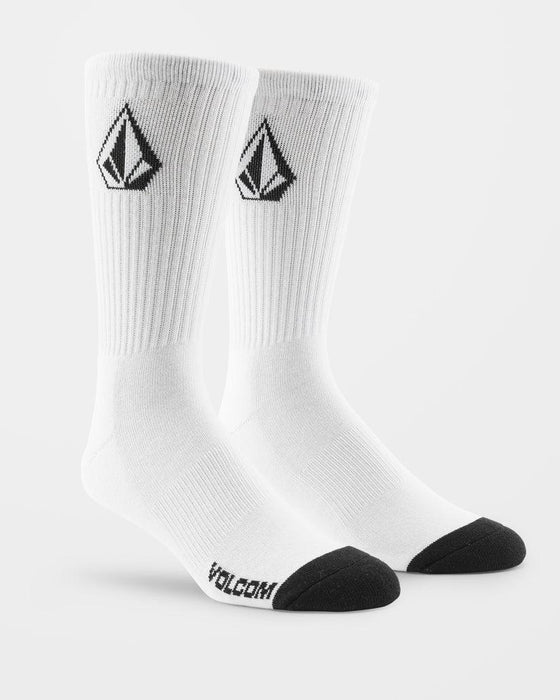 Volcom white crew socks 3 pack with black toes and logo, surf clothing accessory