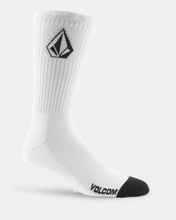 Volcom white crew sock with black logo and black toe, surf clothing accessory