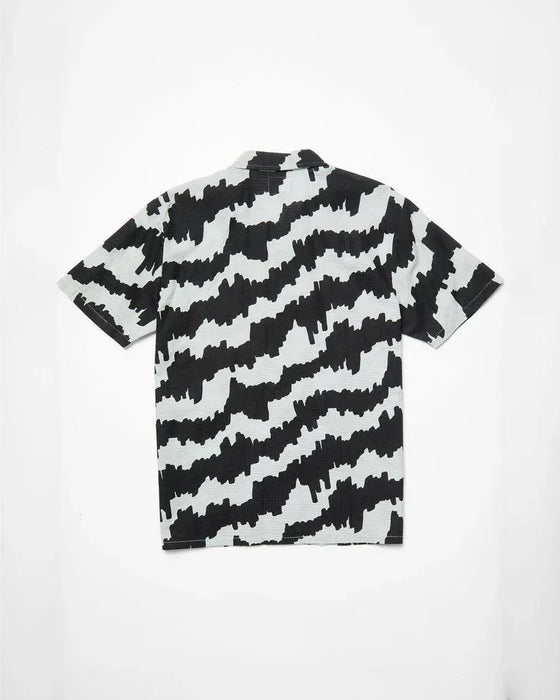 Volcom short sleeve shirt in Carolina blue with bold black abstract pattern, surf clothing