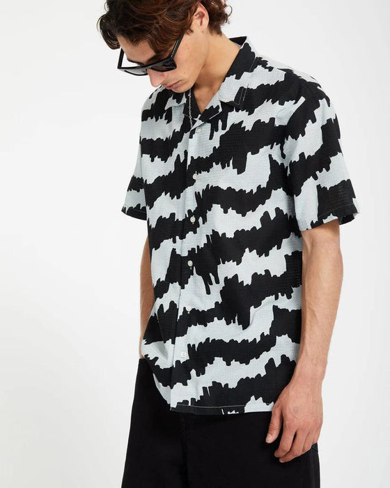 Volcom Multifarious shirt in Carolina blue with bold black abstract pattern, surf clothing