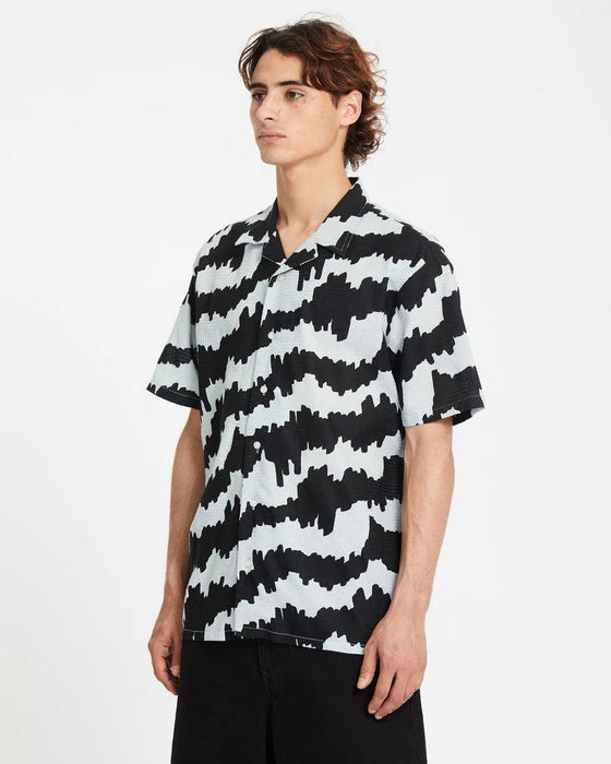 Volcom men's short sleeve shirt with black and light blue abstract pattern, surf clothing