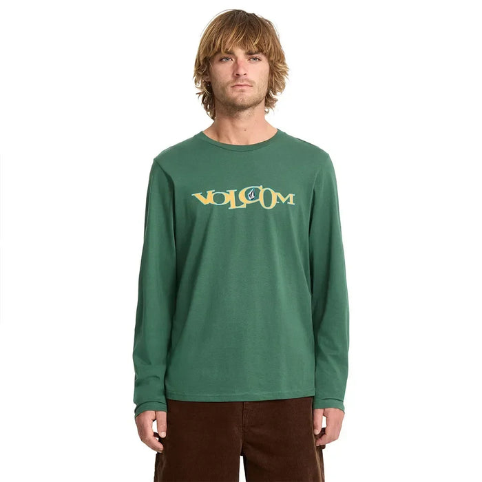 Volcom vineyard green long sleeve tee with logo, surf clothing for men