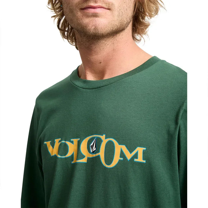 Volcom vineyard green long sleeve tee with yellow logo, surf casual clothing