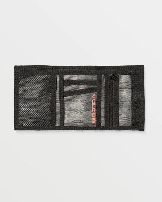 Volcom workwear wallet brindle open with mesh pockets and grey camo interior