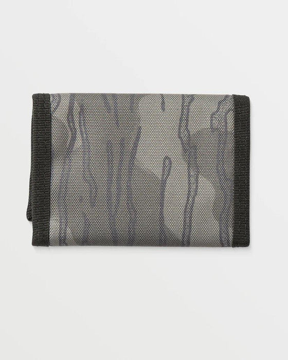 Volcom workwear wallet in brindle colour with black trim, rugged canvas design