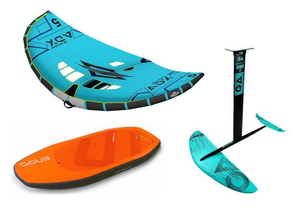 Naish wing foil, GA foil, and Ensis orange wing foil board set for watersports