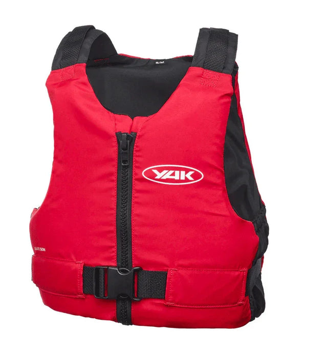 Yak Blaze red buoyancy aid with front zip and black buckle, displayed upright.