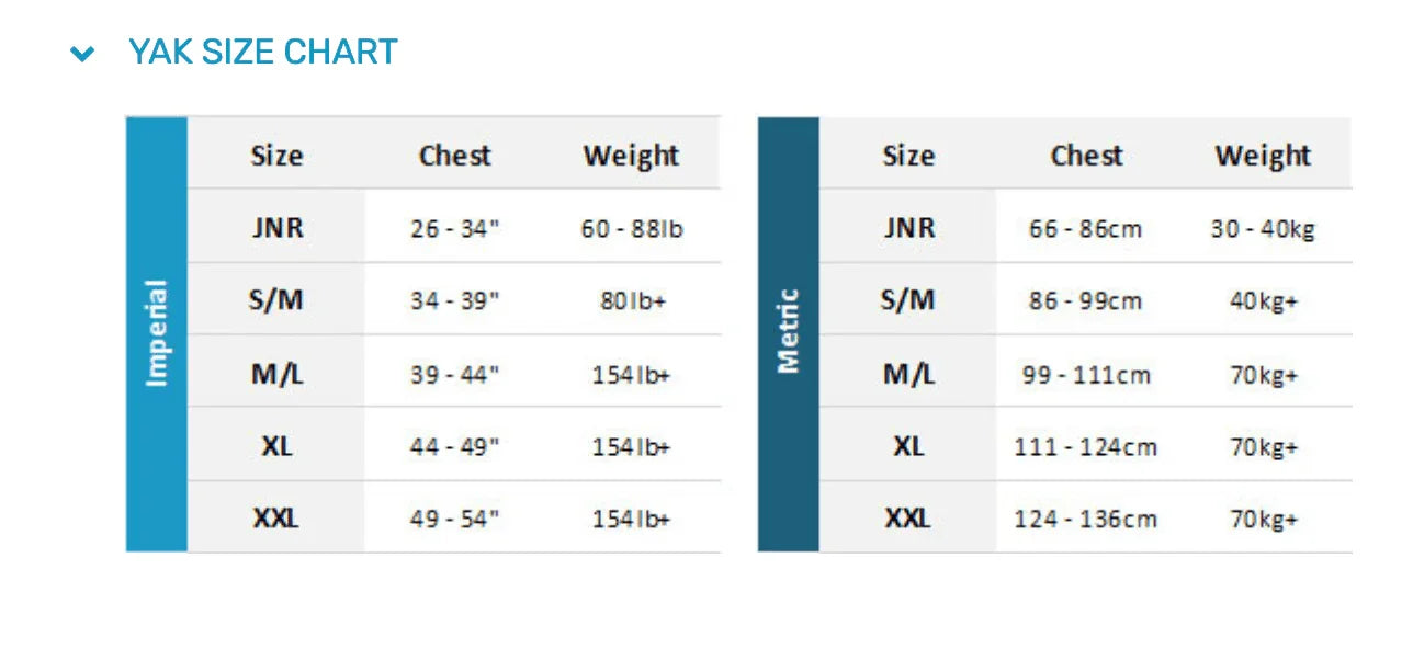 Yak size chart for buoyancy aids showing chest and weight ranges in imperial and metric units.