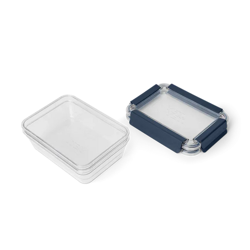Yeti large clear food storage container with blue locking lid, ideal for outdoor use