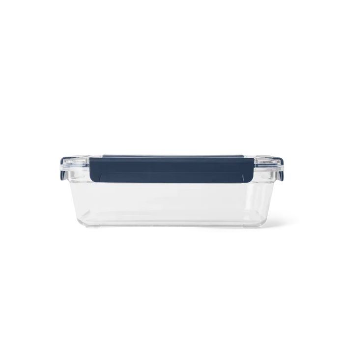 Yeti large food storage container with navy blue lid, clear base, for outdoor and watersports use