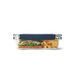 Yeti large food storage container with dark blue lid, holding sandwich and crisps