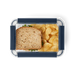 Yeti food storage container with blue clips, holding a sandwich and crisps