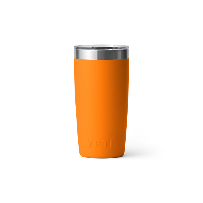 YETI Rambler 10oz Tumbler King Crab Orange with stainless steel lid, back view