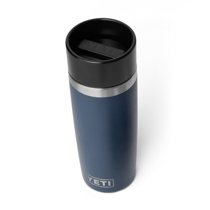 Yeti Rambler 16oz navy travel bottle with black HotShot lid, insulated flask