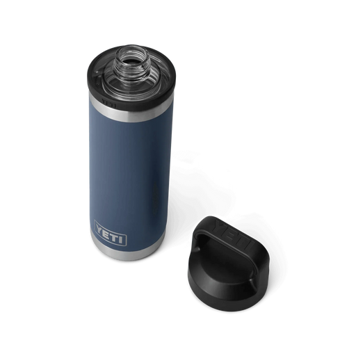 YETI Rambler 18oz Bottle with Chug Cap in navy, open with cap beside the bottle
