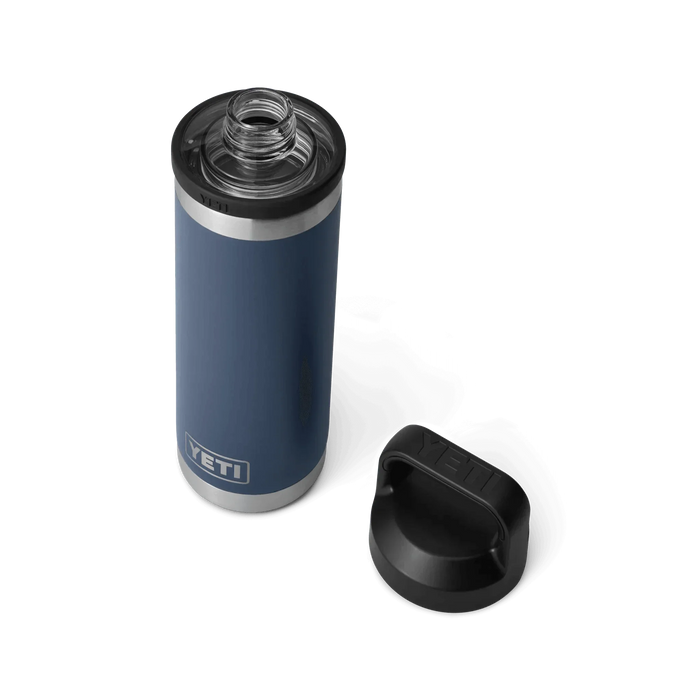 YETI Rambler 18oz Bottle with Chug Cap in navy, open with cap beside the bottle