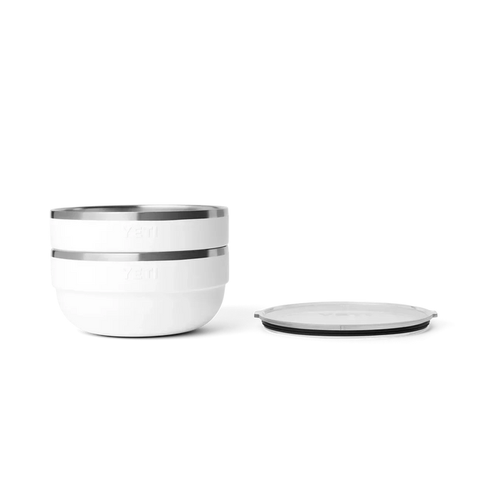 Yeti white insulated bowl with stainless steel rim and matching lid, side by side