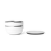 Yeti white insulated bowl with stainless steel rim and matching lid, side by side