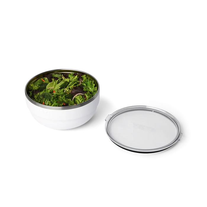 Yeti Rambler large white insulated bowl with lid, filled with fresh salad greens