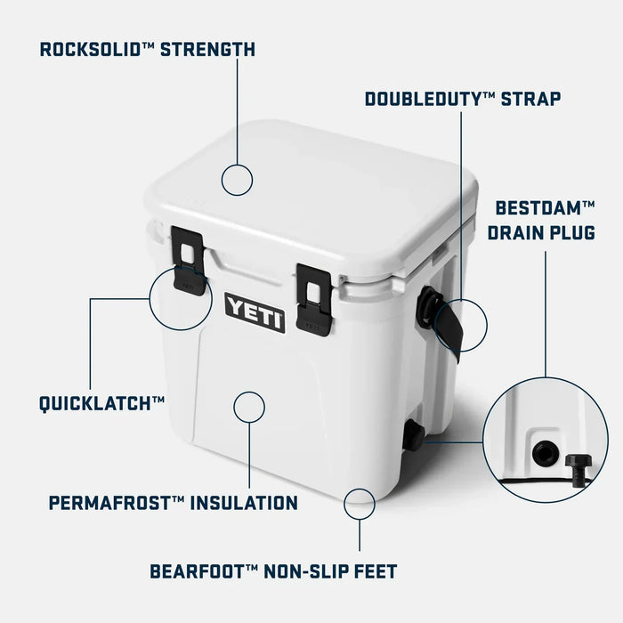 Yeti Roadie 24 cooler in white, showing features like quicklatch, non-slip feet, and strap.