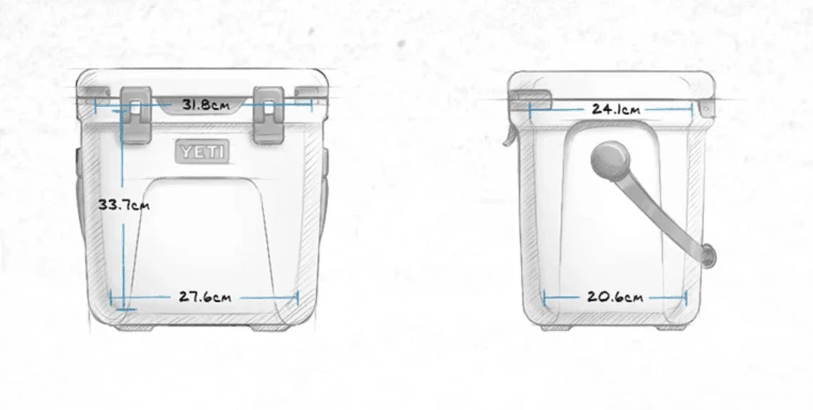 Yeti Roadie 24 Cooler dimensions diagram, showing front and side measurements.