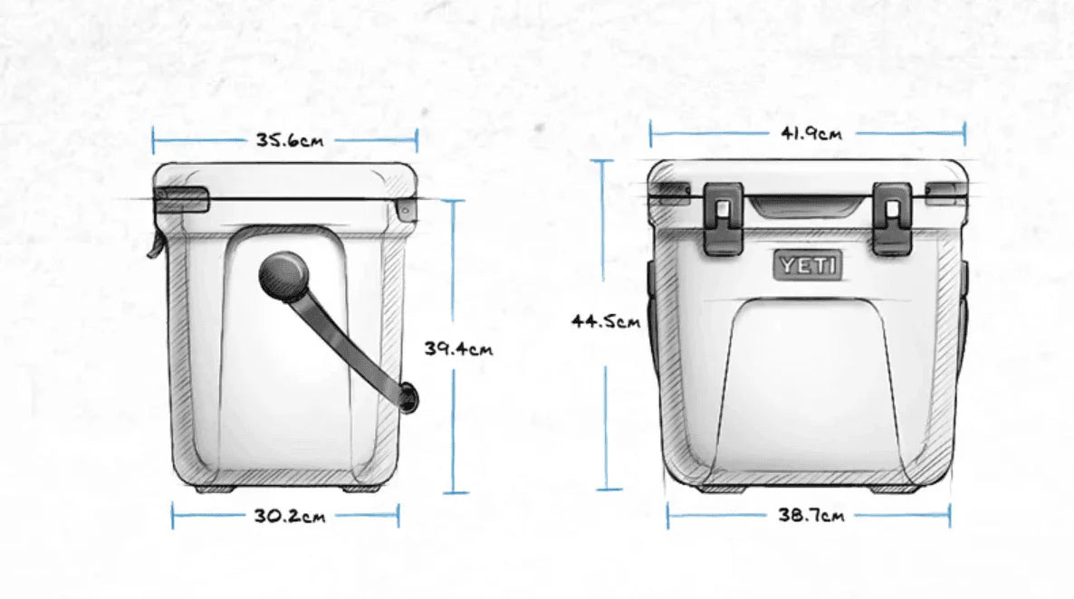 YETI Roadie 24 Cooler sketch with dimensions labeled in centimeters, front and side views