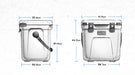 YETI Roadie 24 Cooler sketch with dimensions labeled in centimeters, front and side views