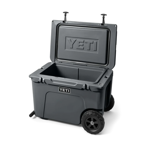 YETI Tundra Haul charcoal wheeled cool box with open lid, rugged outdoor design